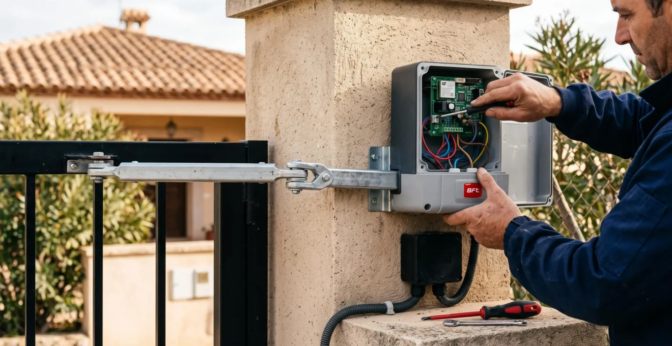 Técnico instalando un motor de automatización para puerta batiente con el brazo mecánico articulado visible