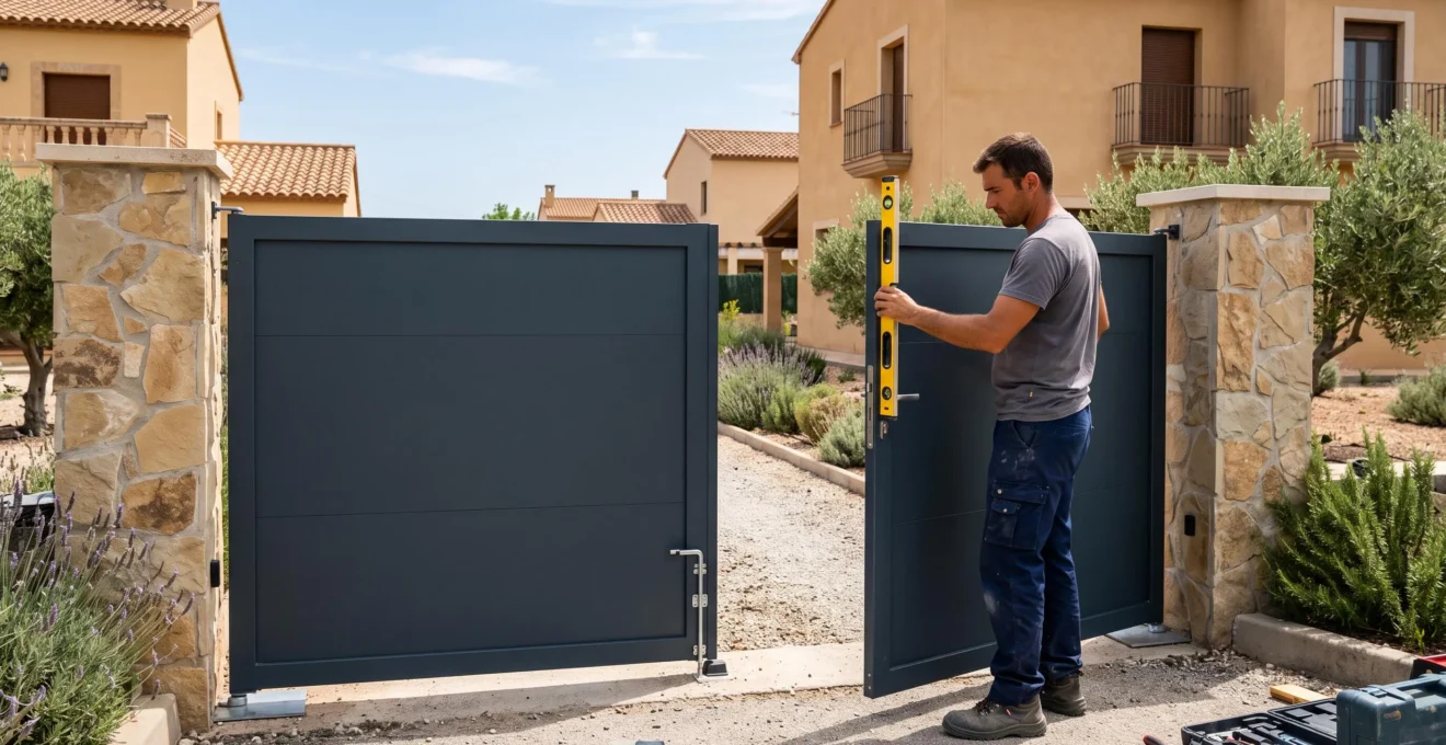 Profesional instalando una puerta batiente de aluminio en la entrada de una propiedad residencial española