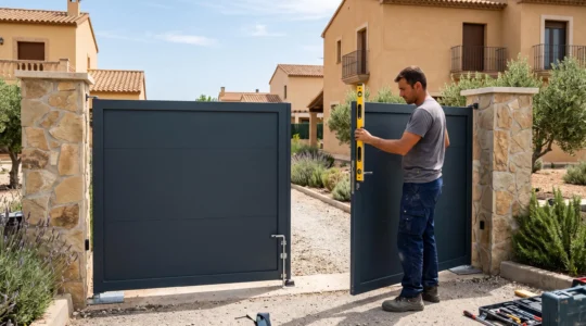Profesional instalando una puerta batiente de aluminio en la entrada de una propiedad residencial española