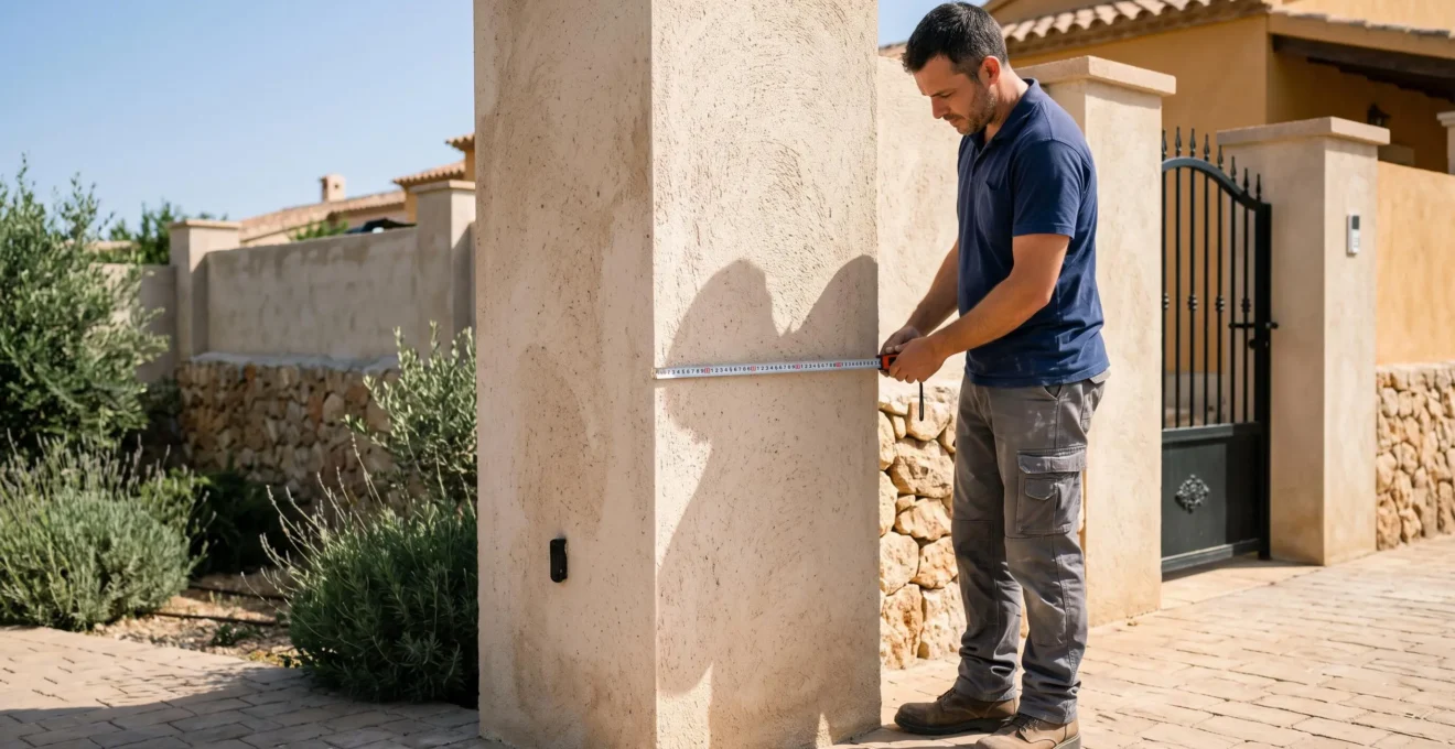 Instalador verificando las dimensiones de un pilar de anclaje con una cinta métrica antes de la instalación de la puerta